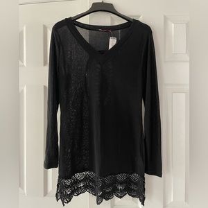 Black V-Neck Long Sleeve Top with Lace Hem - Women